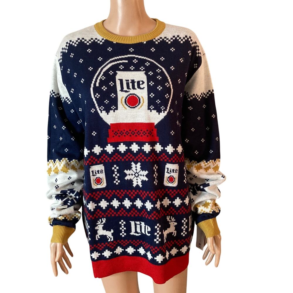 Miller Lite Ugly Christmas Sweater Mens Large Beer Snow Globe Reindeer Foco